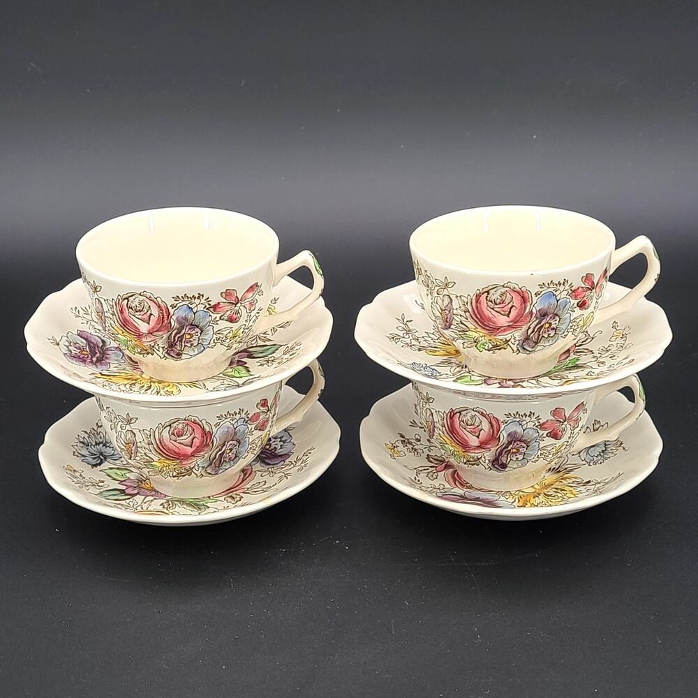Vintage Johnson Brothers Sheraton Tea Cups & Saucers Set 4 Made England